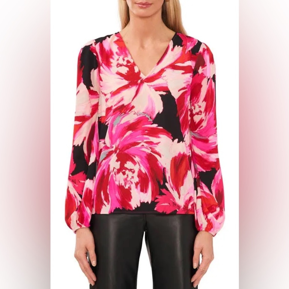 Halogen Pink Floral Long Sleeve V-Neck Blouse Size Medium